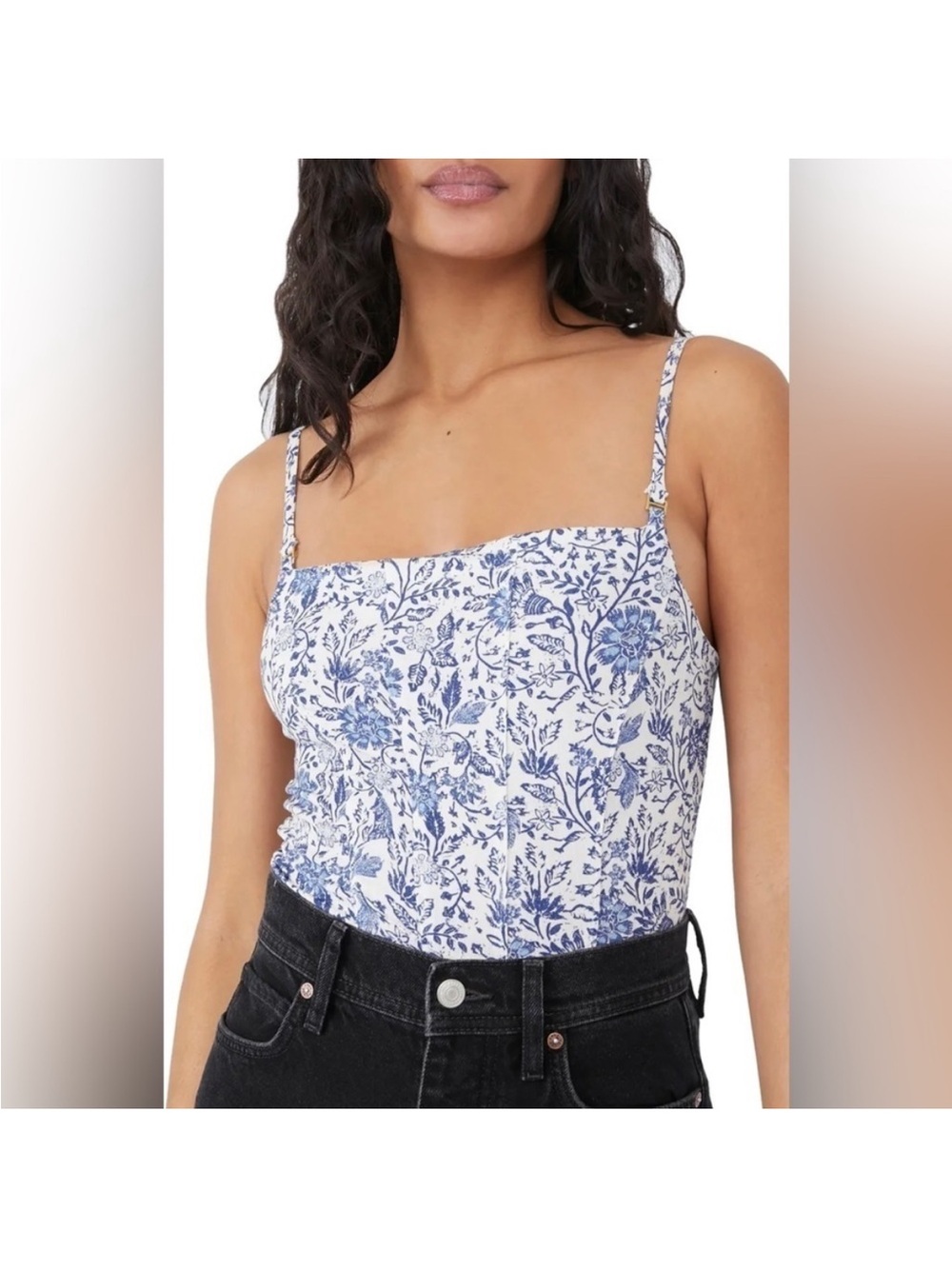 Free People White and Blue Floral Square-Neck Cami